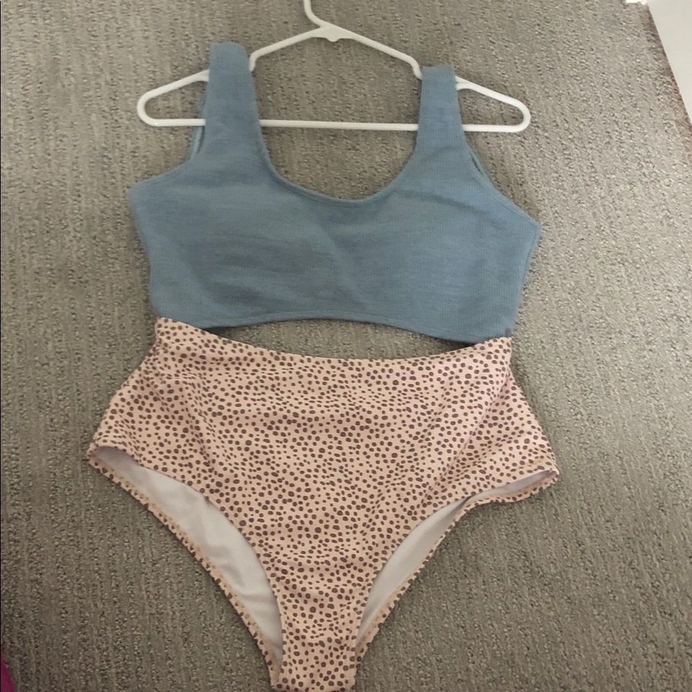 One Piece Swimsuit — Dusty Blue Top & Cream Leopard Bottom